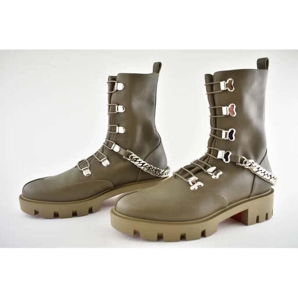 Christian Louboutin Horse Flat Silex Grey Leather Combat Lace Up Chain Boot 37 - Picture 10 of 12
